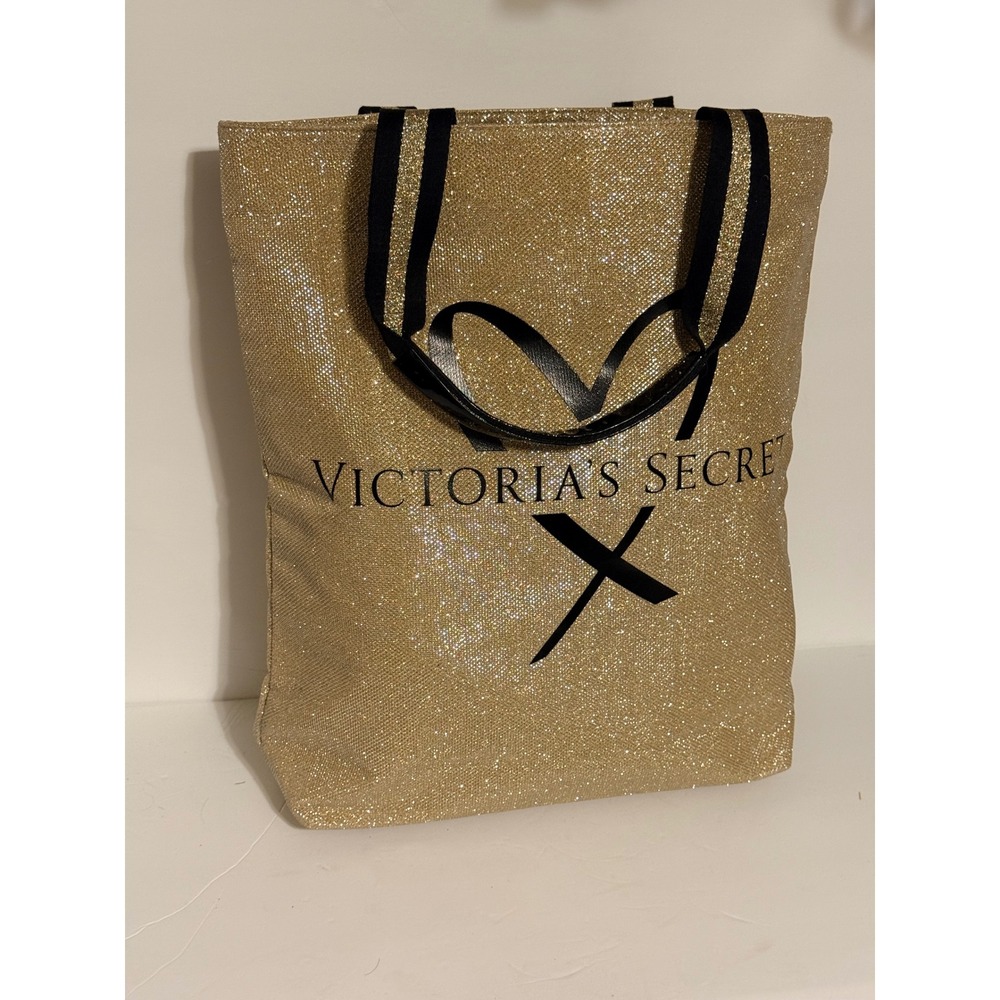 Victoria's Secret Gold Glitter Tote Bag Sparkle Heart Logo Y2K‎ collectible